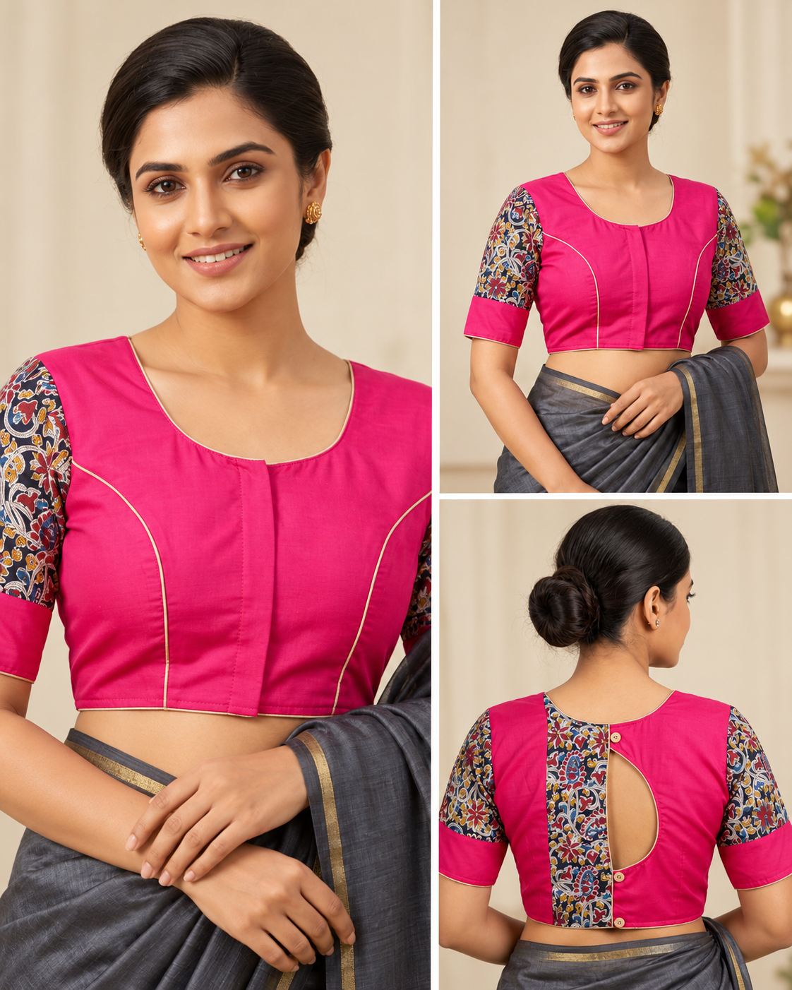 Vibrant Fuchsia Printed Sleeve Contemporary Saree Blouse